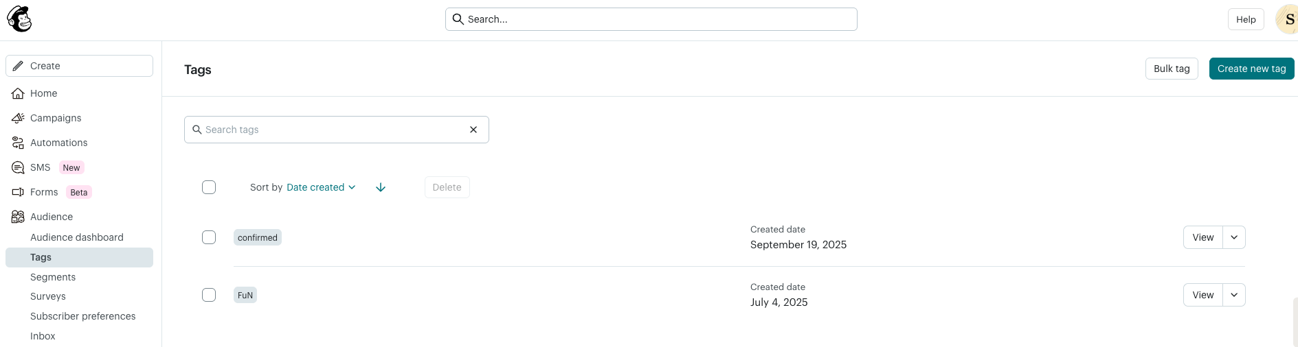 Created tags in Mailchimp account