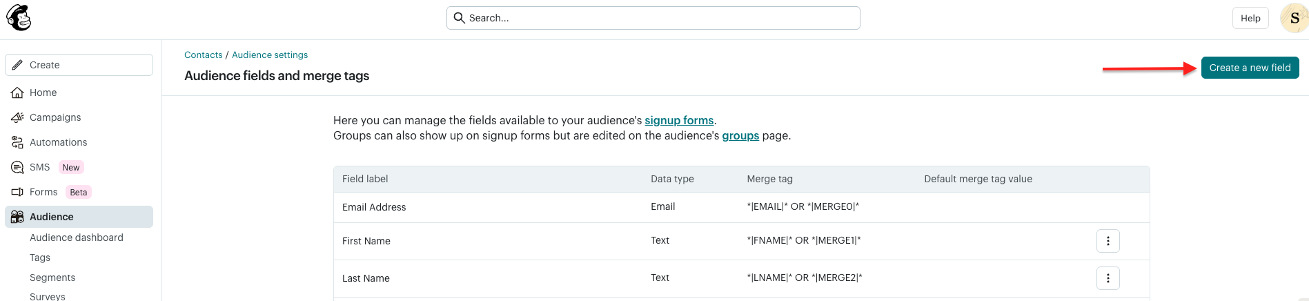 Creating a new field within Mailchimp