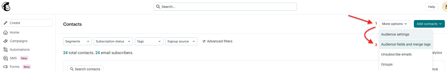 Mailchimp audience fields and merge tag option