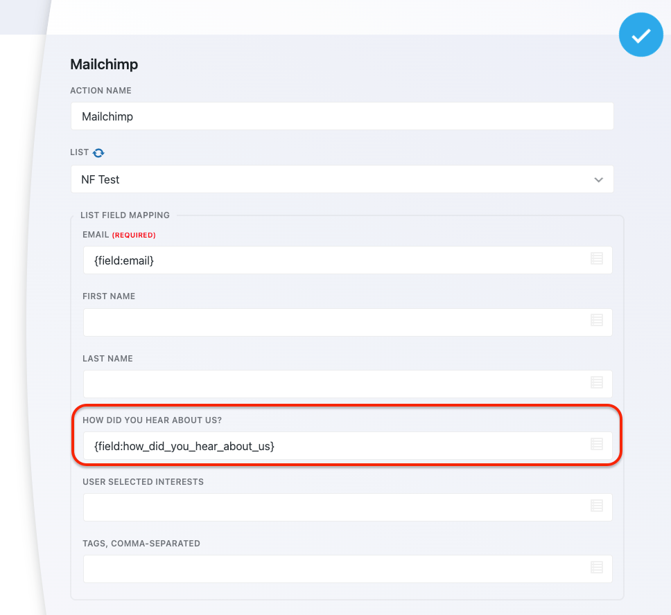 Newly created Audience field showing in Mailchimp action