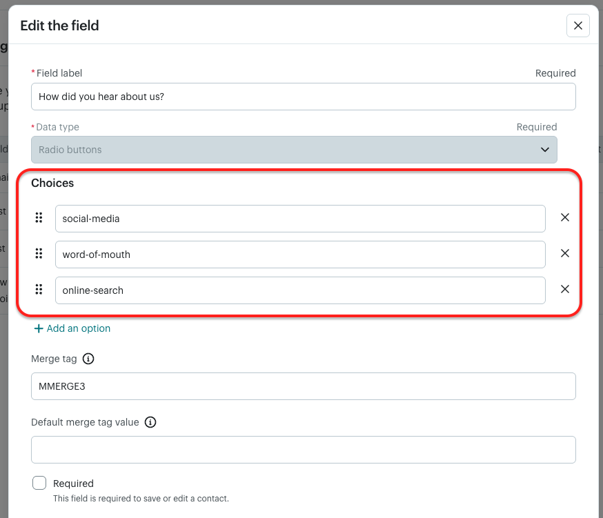 choices within Mailchimp for mapping radio list, checklist and select fields from Ninja Forms