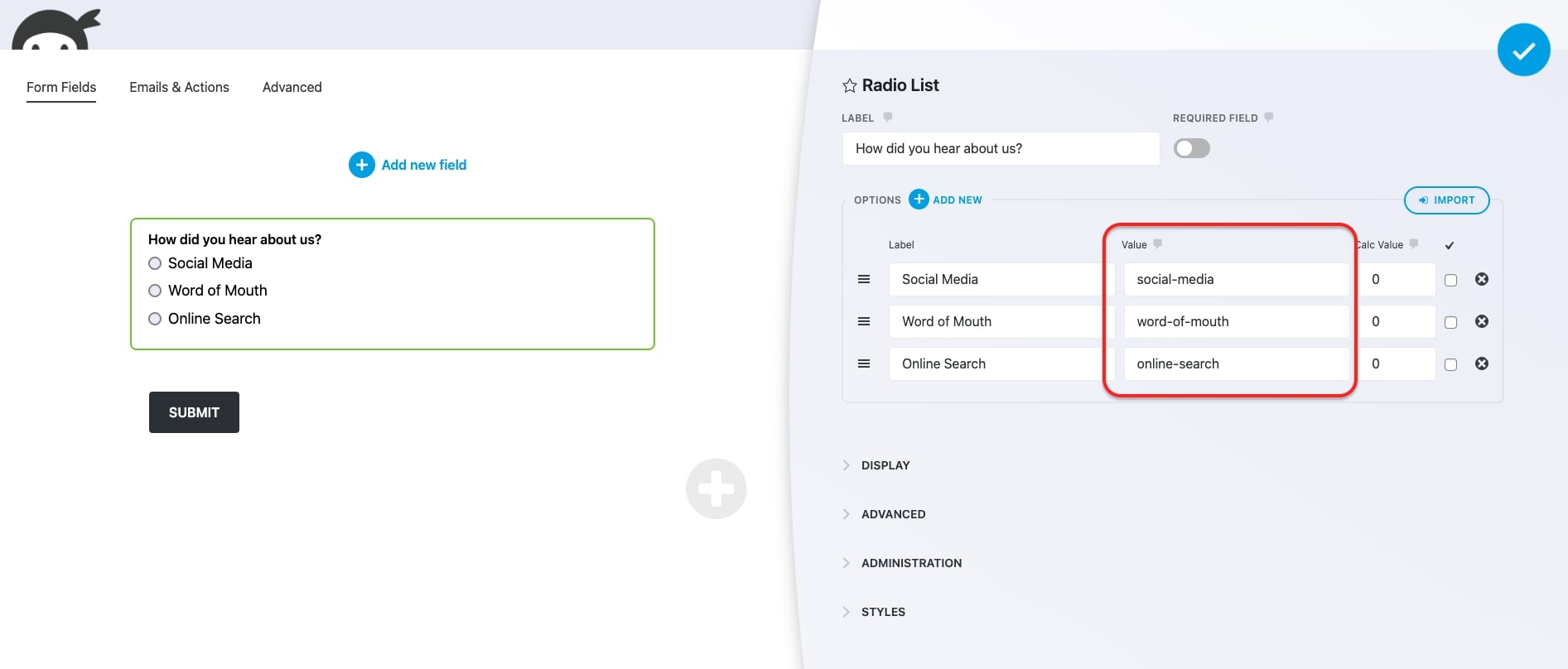 radio list, check list and select field values