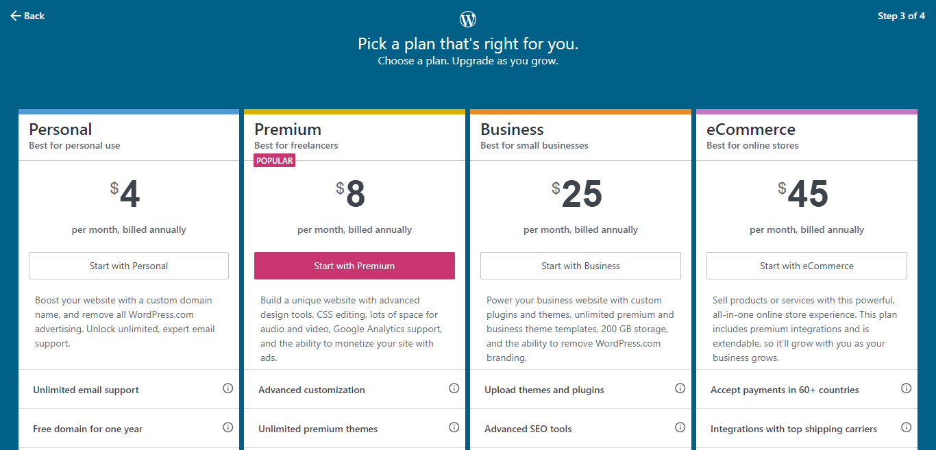 choose WordPress.com pricing plan