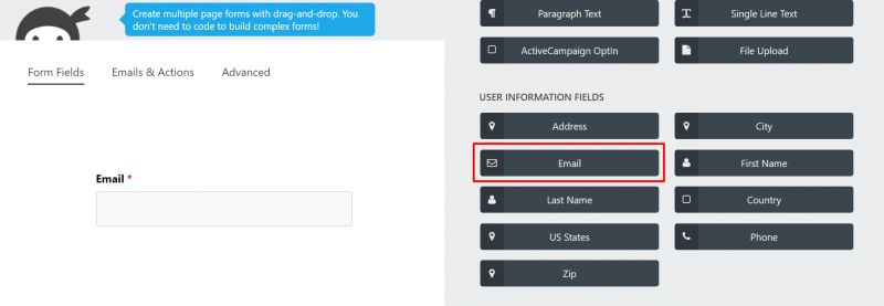 showing the email field in ninja forms