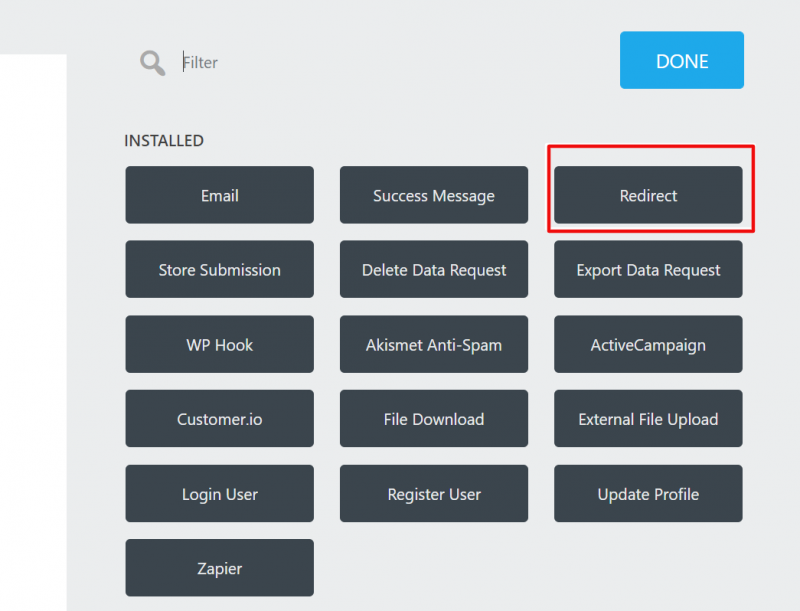 choosing the redirect action