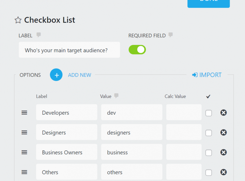 three values in the Ninja Forms list fields: label, value, calc value