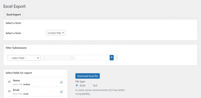 ninja forms excel export screen