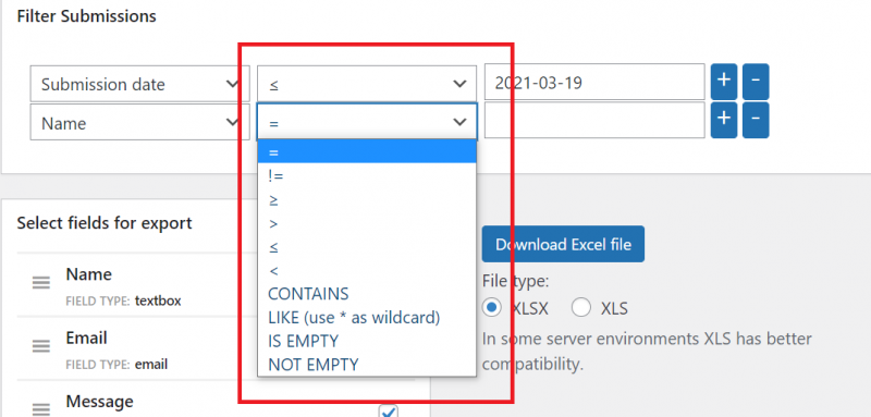 selecting conditions for the filter