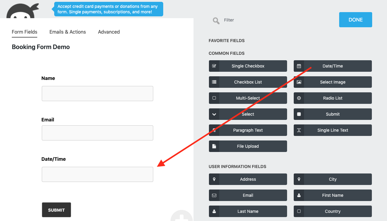 the date and time field can be clicked on in the add new field window to add it to the form