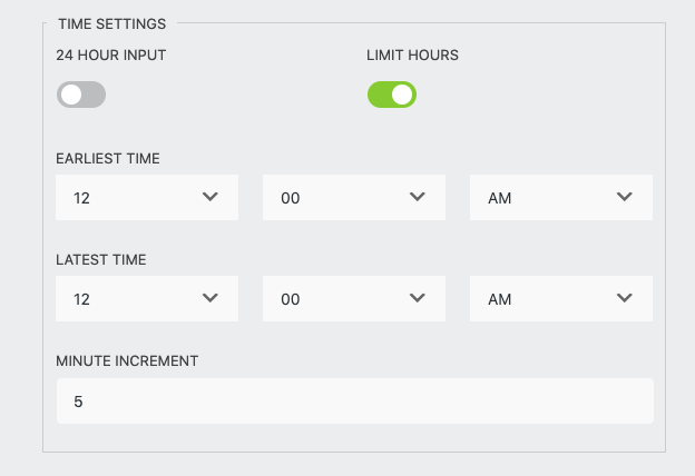 time settings include an option for 24 hour input, limiting hours to a specific range, and the length of appointment time in minute increments