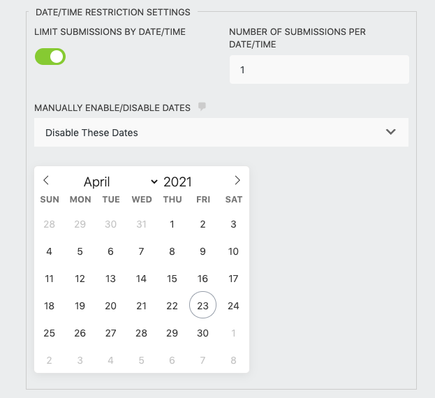 date time restriction settings for an appointment booking form in wordpress