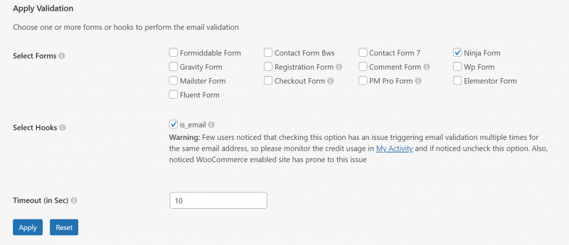 second part of clearout plugin settings, selecting ninja forms to apply the filter to
