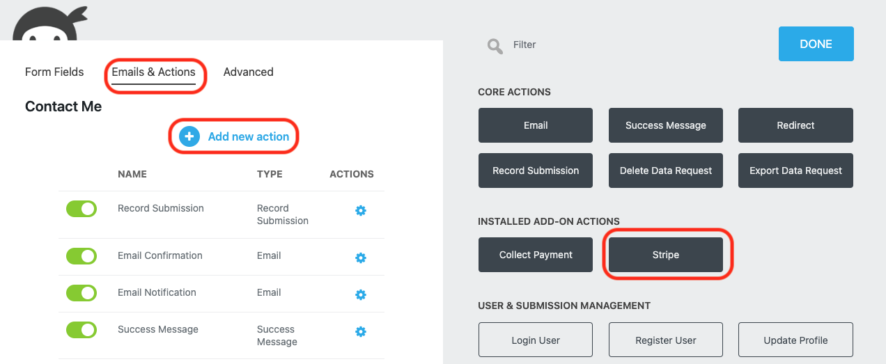 image of the Emails and Actions tab of the form builder with Add New action and the stripe action highlighted within the actions window