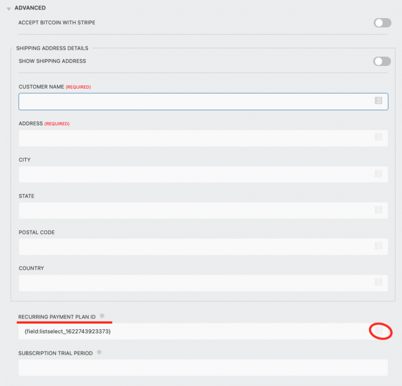 Stripe Subscription ID Field in ninja forms stripe action settings