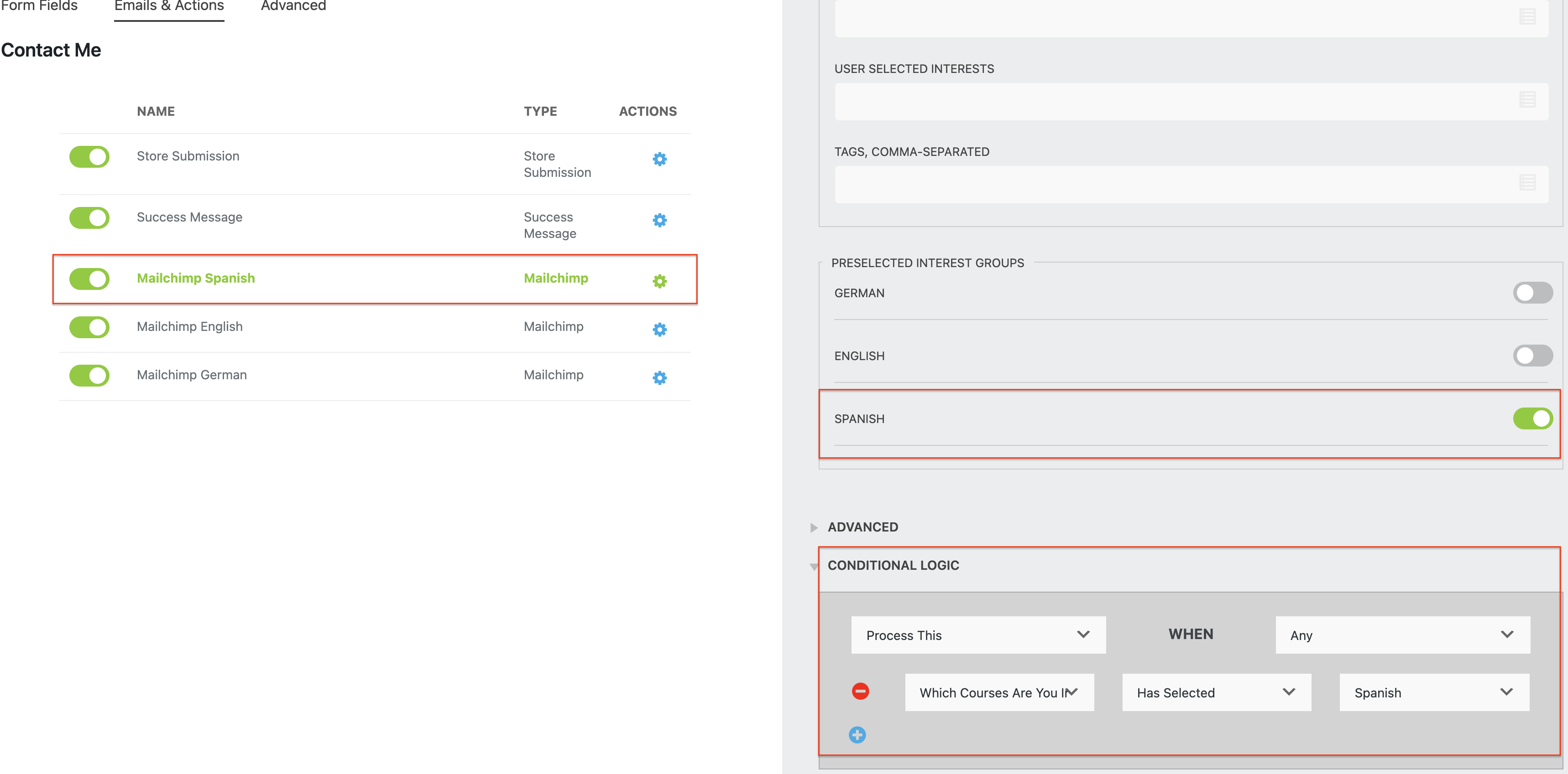 Preselected groups & Conditional Logic