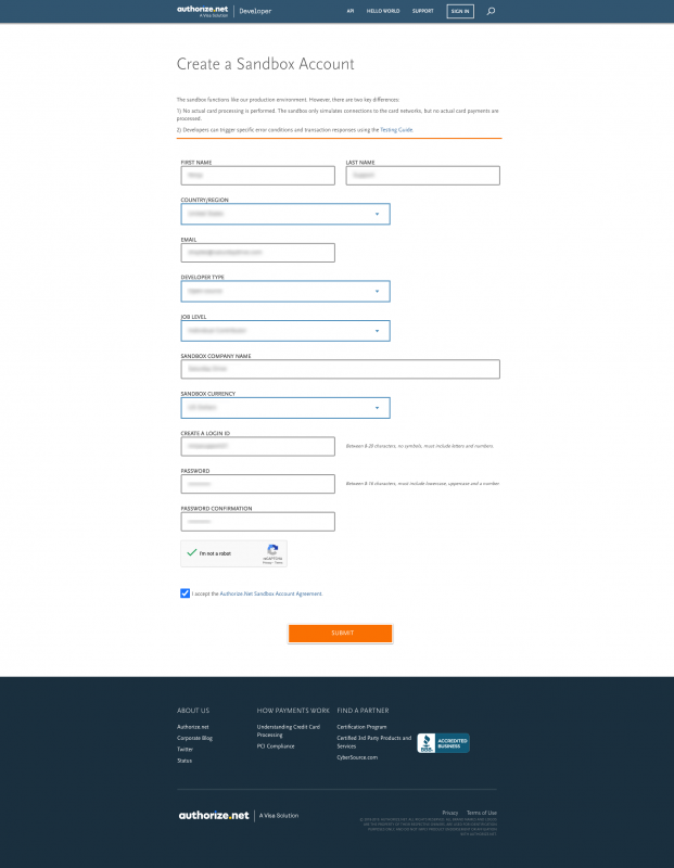 image of authorize account screen, Authorize.net Sandbox Account