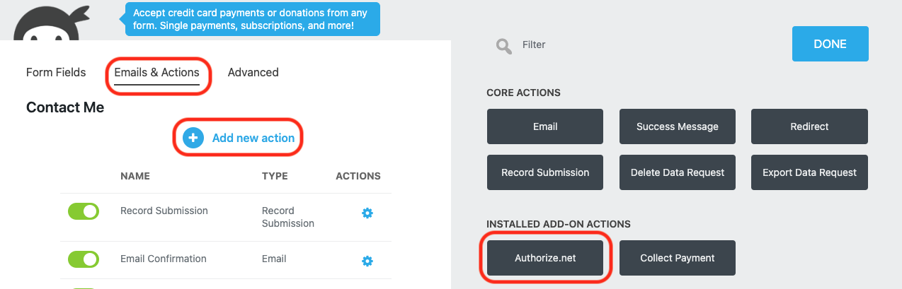 image of the Emails and Actions tab of the form builder with Add New action and the authorize action highlighted within the actions window