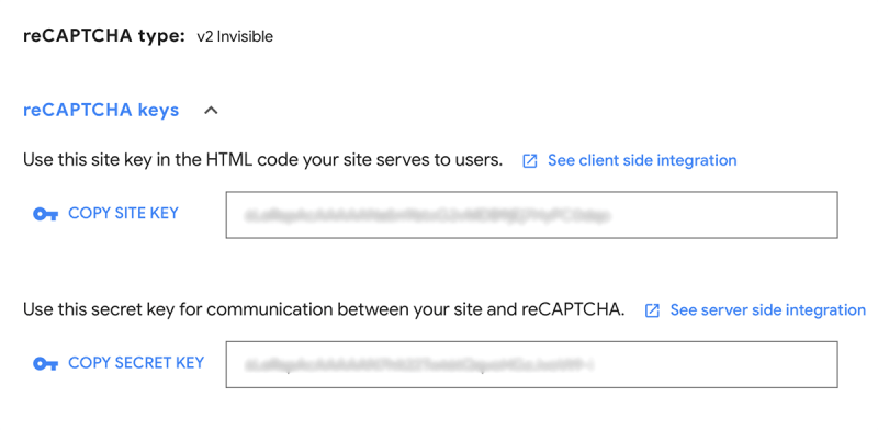 Google reCAPTCHA keys