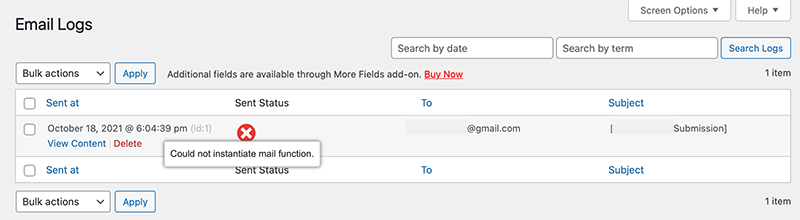 email log tells us there is a problem sending our form submission