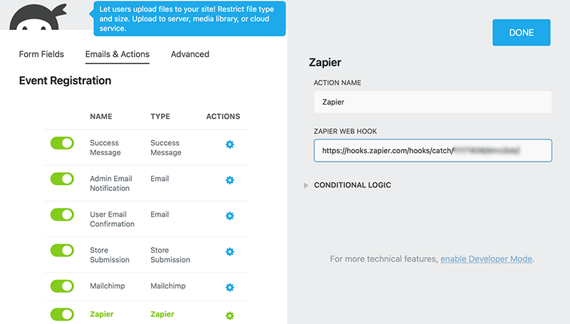 Add your Zapier webhook to Ninja Forms