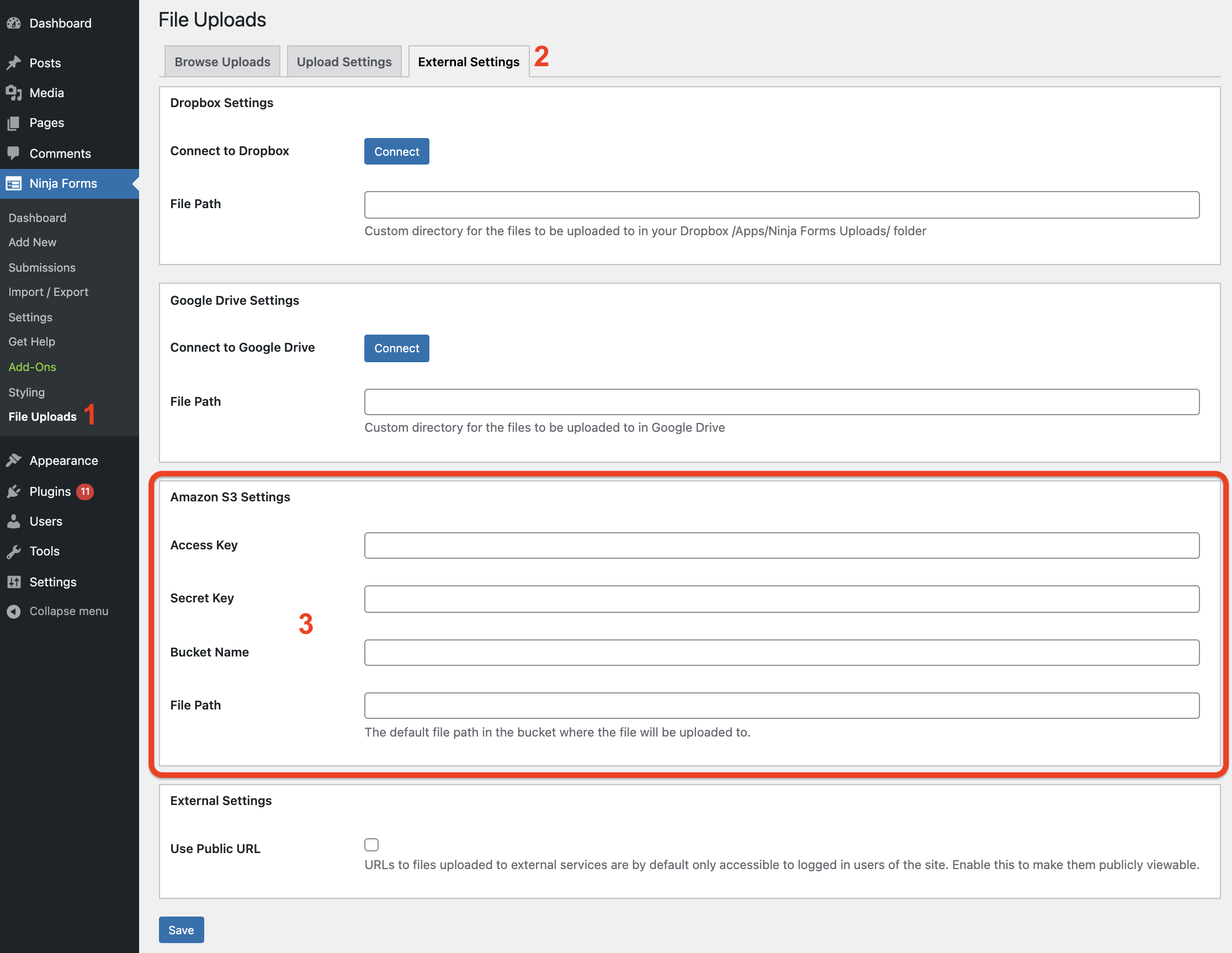 connect to Amazon S3 with WordPress file upload plugin