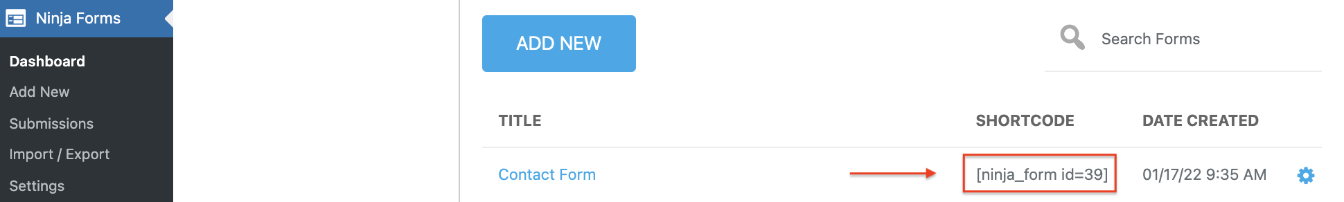 adding ninja form via shortcode
