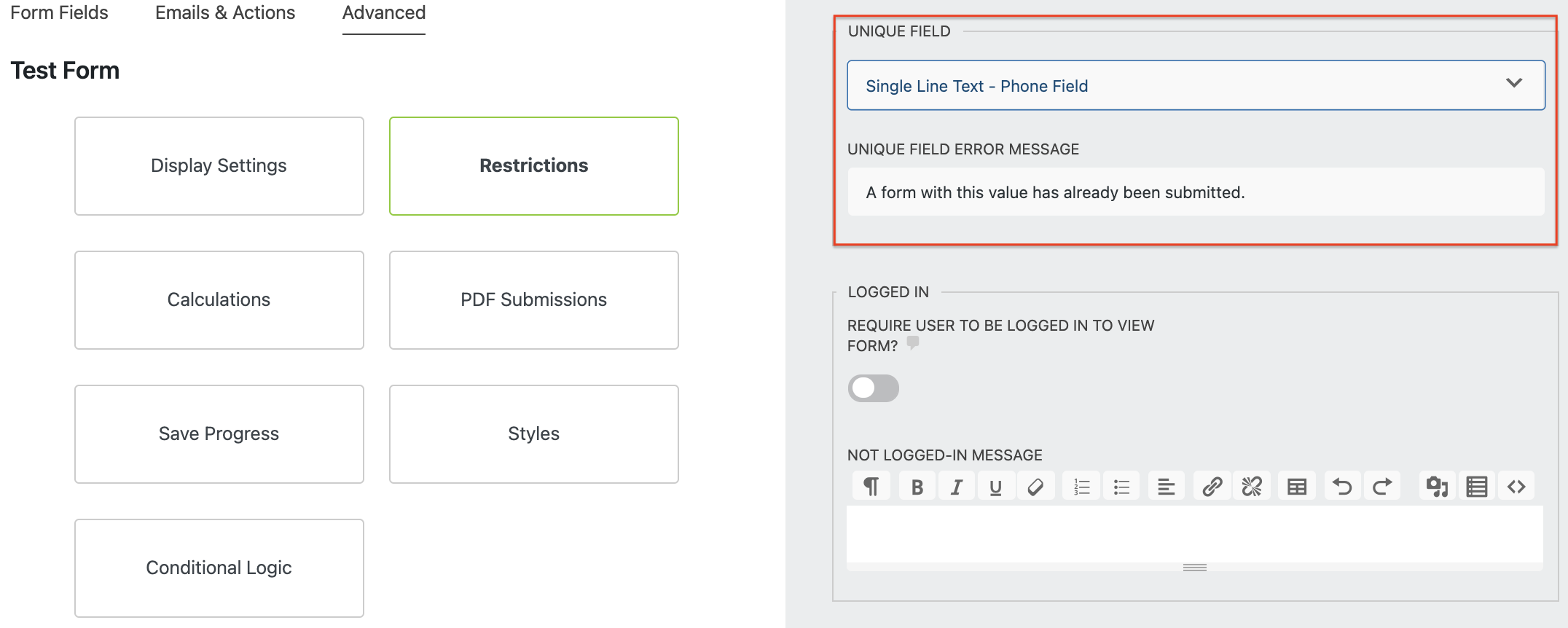 Unique Field Settings Ninja Forms