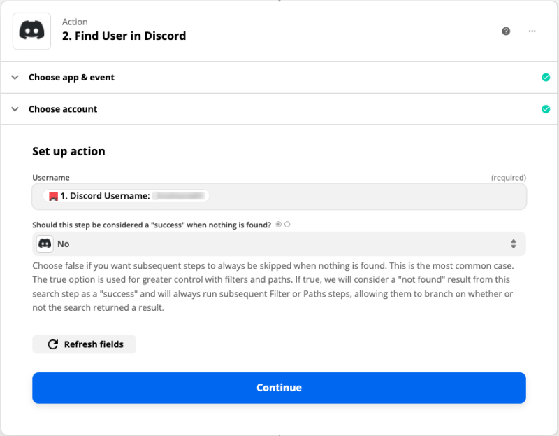 Finder User in Discord action setup