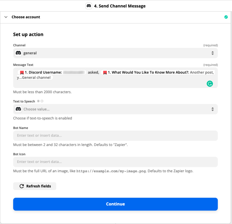 Send Channel Message Zapier set up action