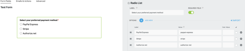Select your payment method in ninja forms