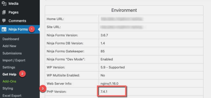 Find PHP version under Get Help in Ninja Forms