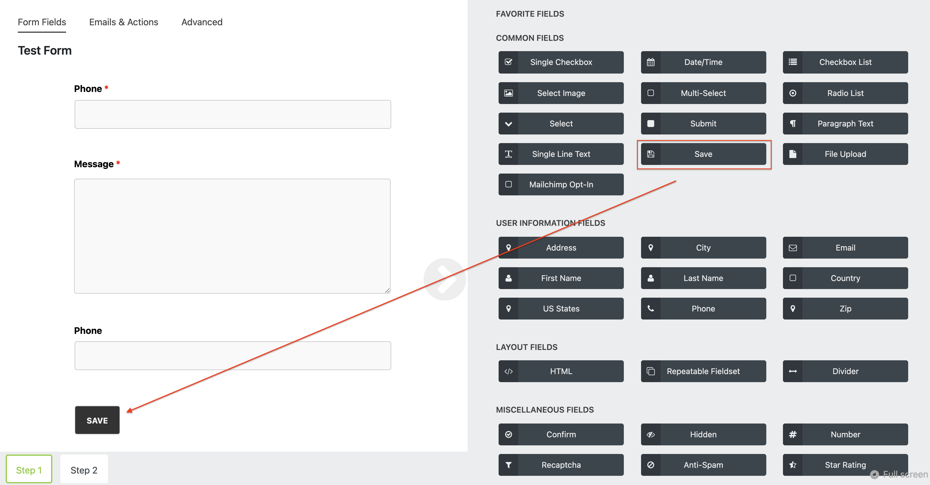 save and continue on multistep forms