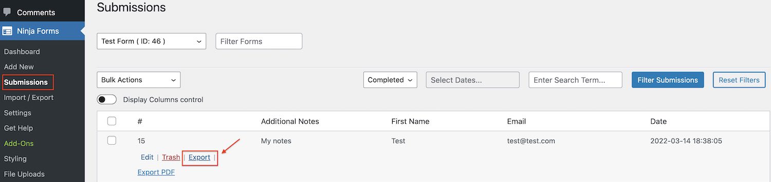 CSV Export of Submission Ninja Forms