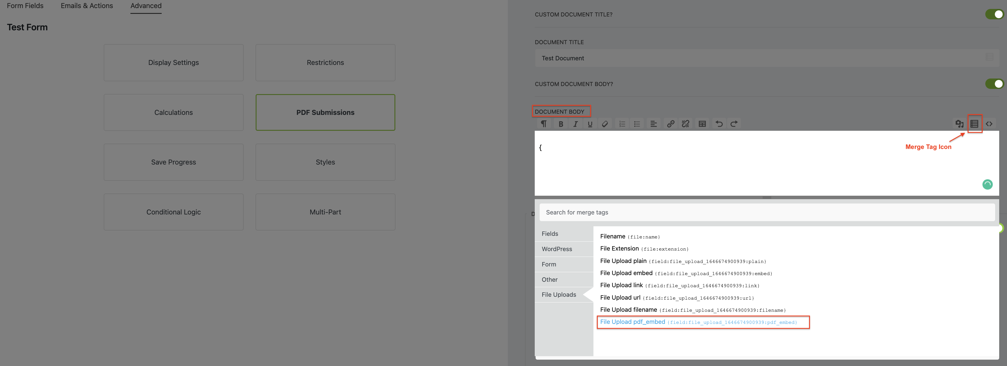 pdf form submissions merge tag