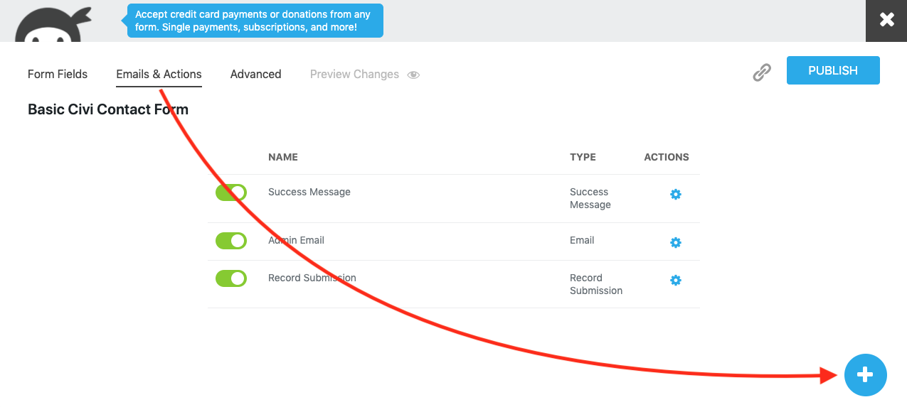 Emails & Actions tab with blue circle plus icon highlighted in bottom right of window