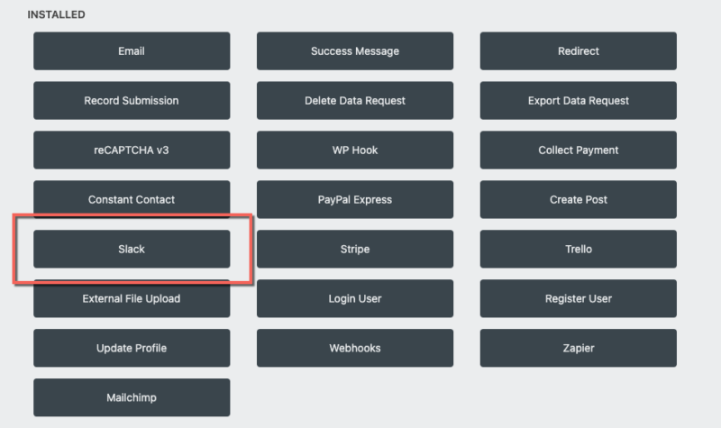 Selecting the Slack action, Slack notifications from wordpress 