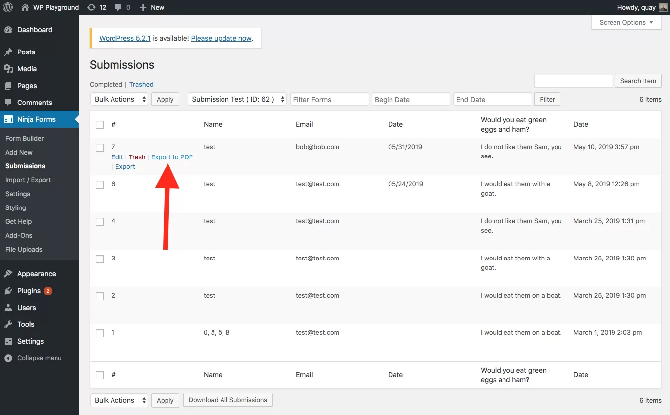 export form submission to pdf