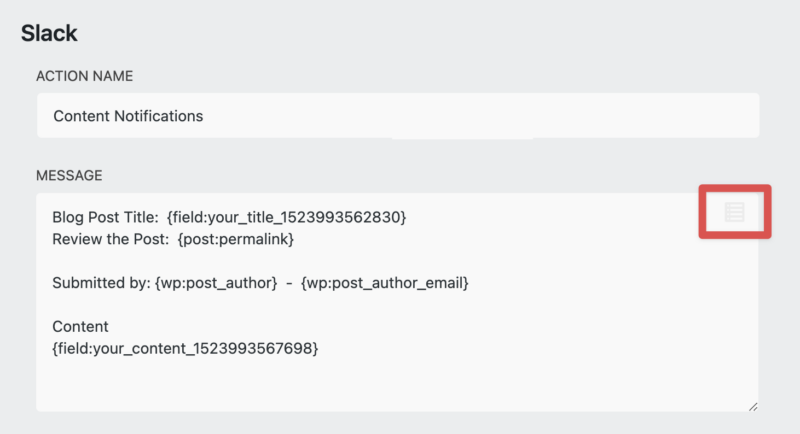 Slack action message field, notifications for user-published posts