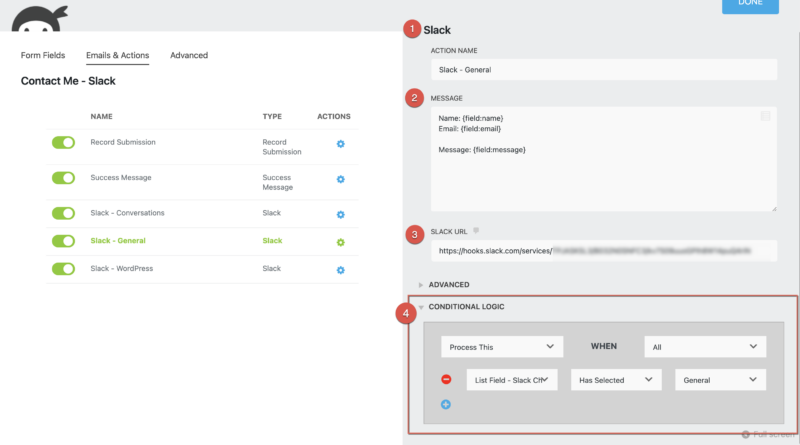 Conditional Logic Slack action setup