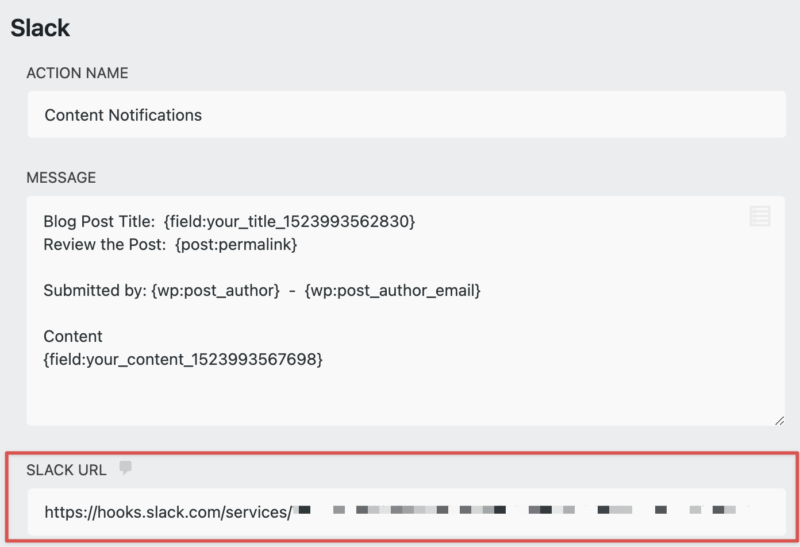 Slack Webhook / Slack URL, slack notifications for user-published posts