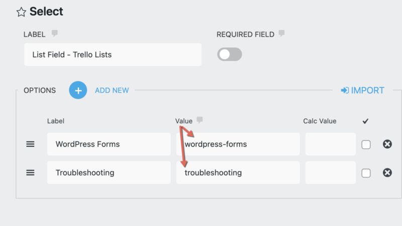 List field, with Trello lists included as options