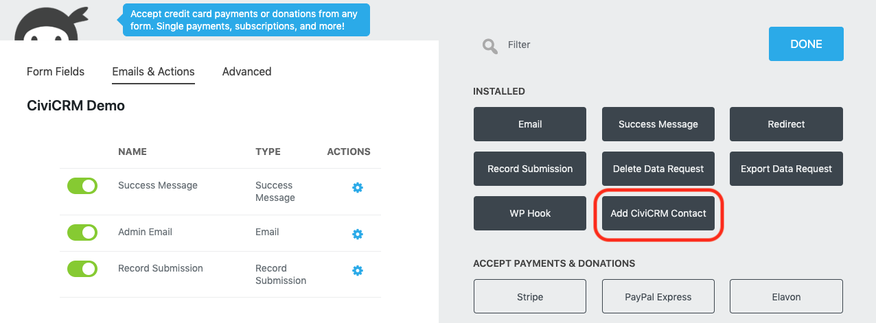 action window opened to display add contact icon