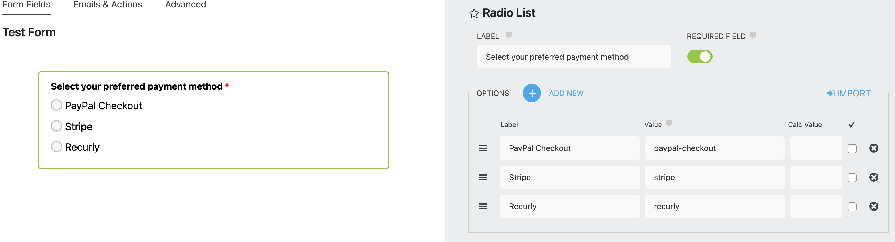 radio list selection