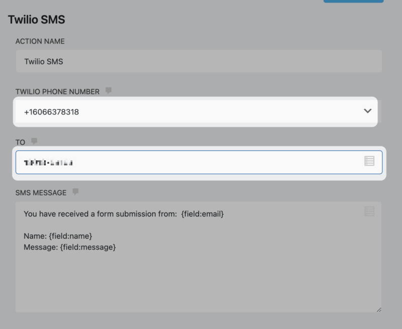 Twilio action, notification setup