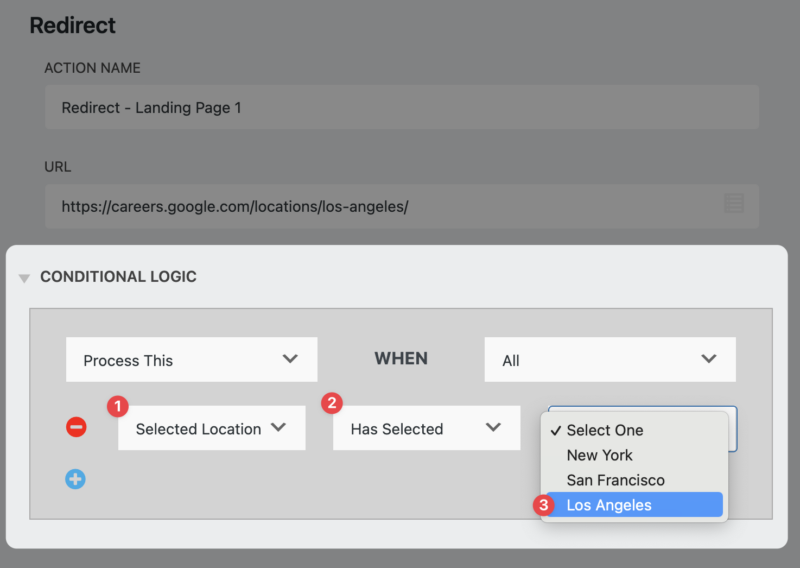 Redirect action using conditional logic, redirect WordPress form