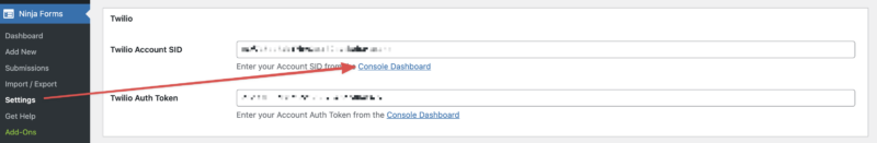 Ninja Form Settings Console Dashboard link.