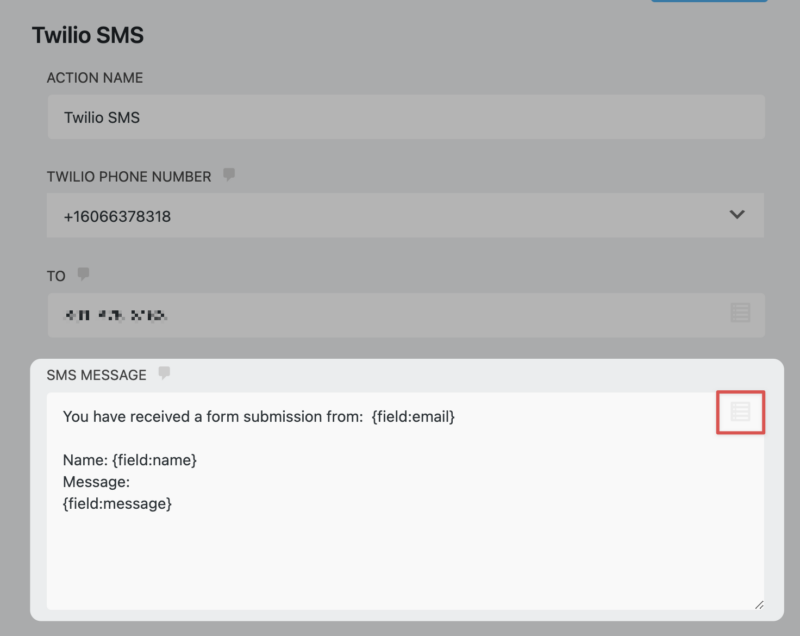 Twilio action, customized SMS message field