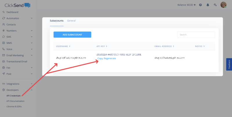 ClickSend Credential Dashboard