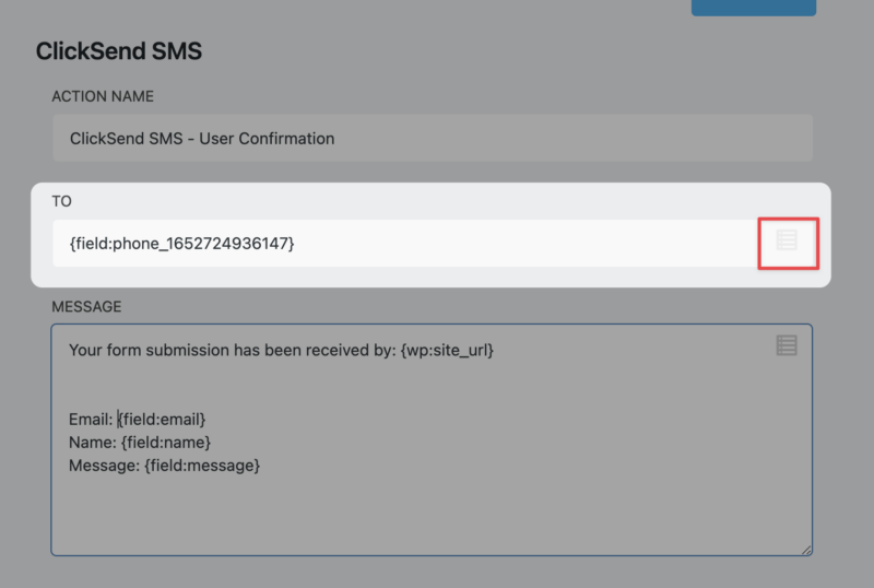 To field with Phone number merge tag for ClickSend SMS User Confirmation