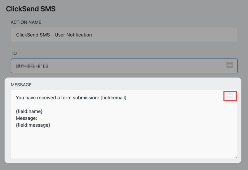 Ninja Forms ClickSend SMS action message field
